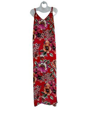 Lefko Greece Red Floral Hawaiian Slip Midi Dress Size Medium